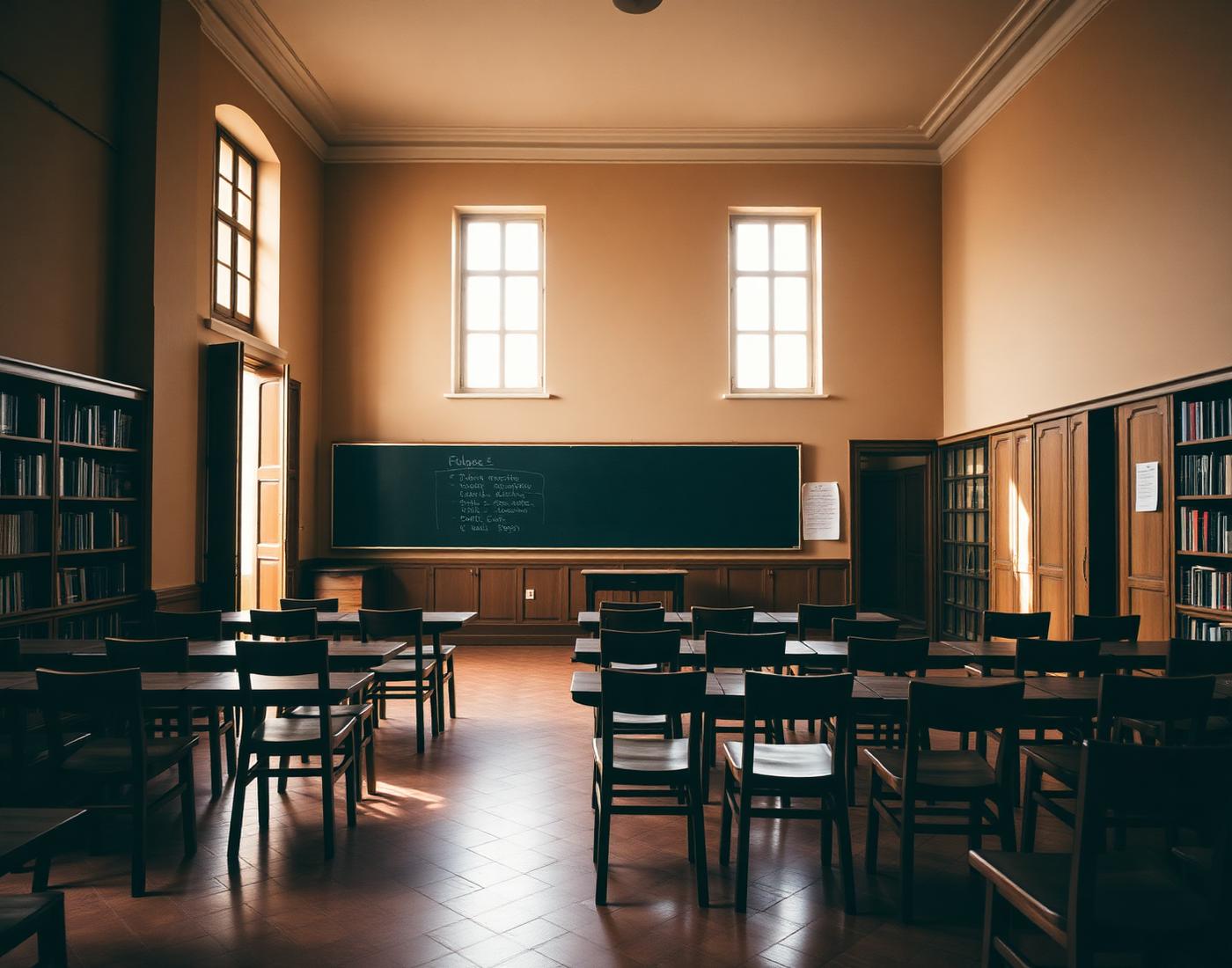A traditional Spanish classroom with afternoon light through tall windows
