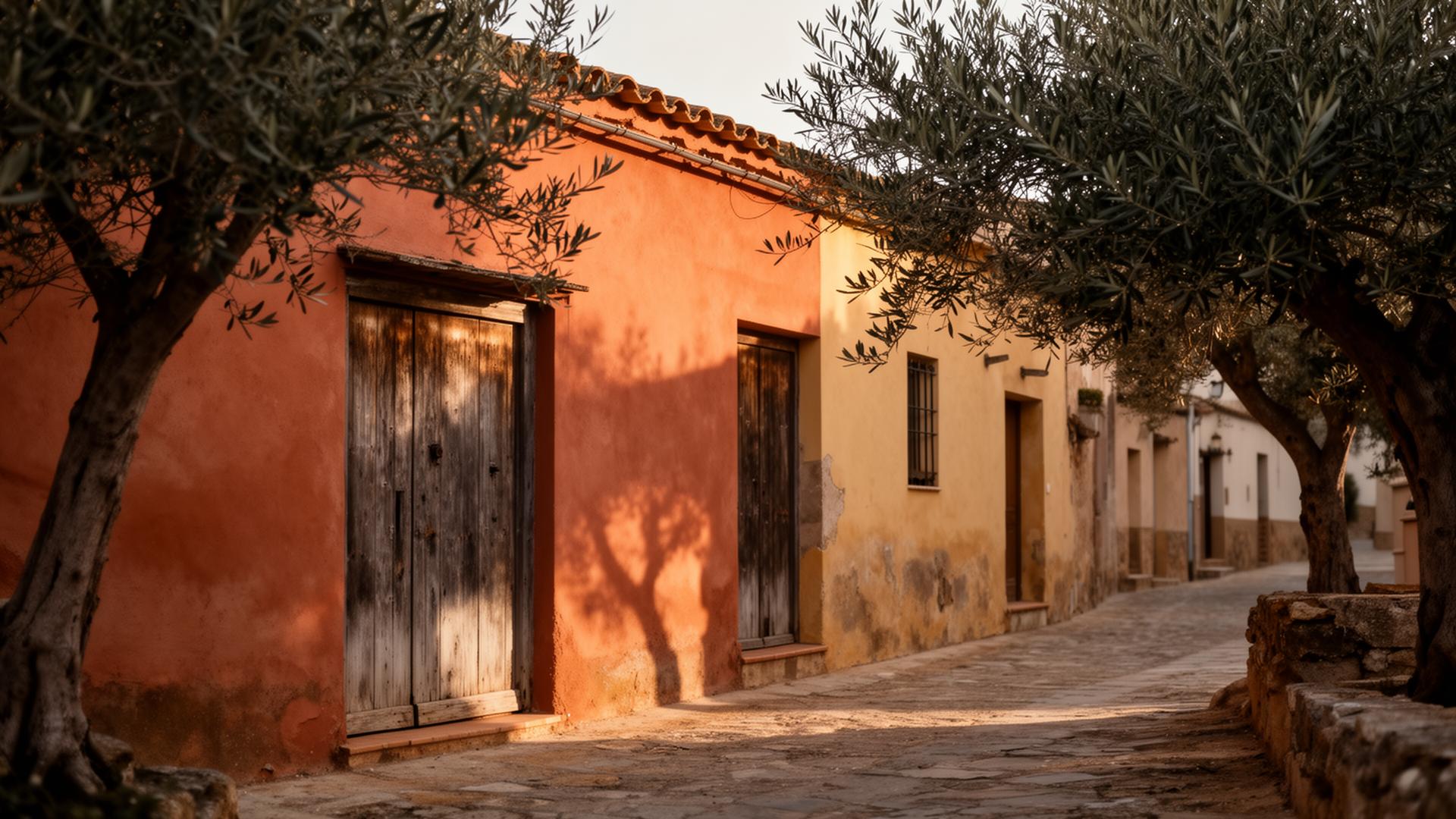 A sunlit Spanish village street with terracotta walls and olive trees